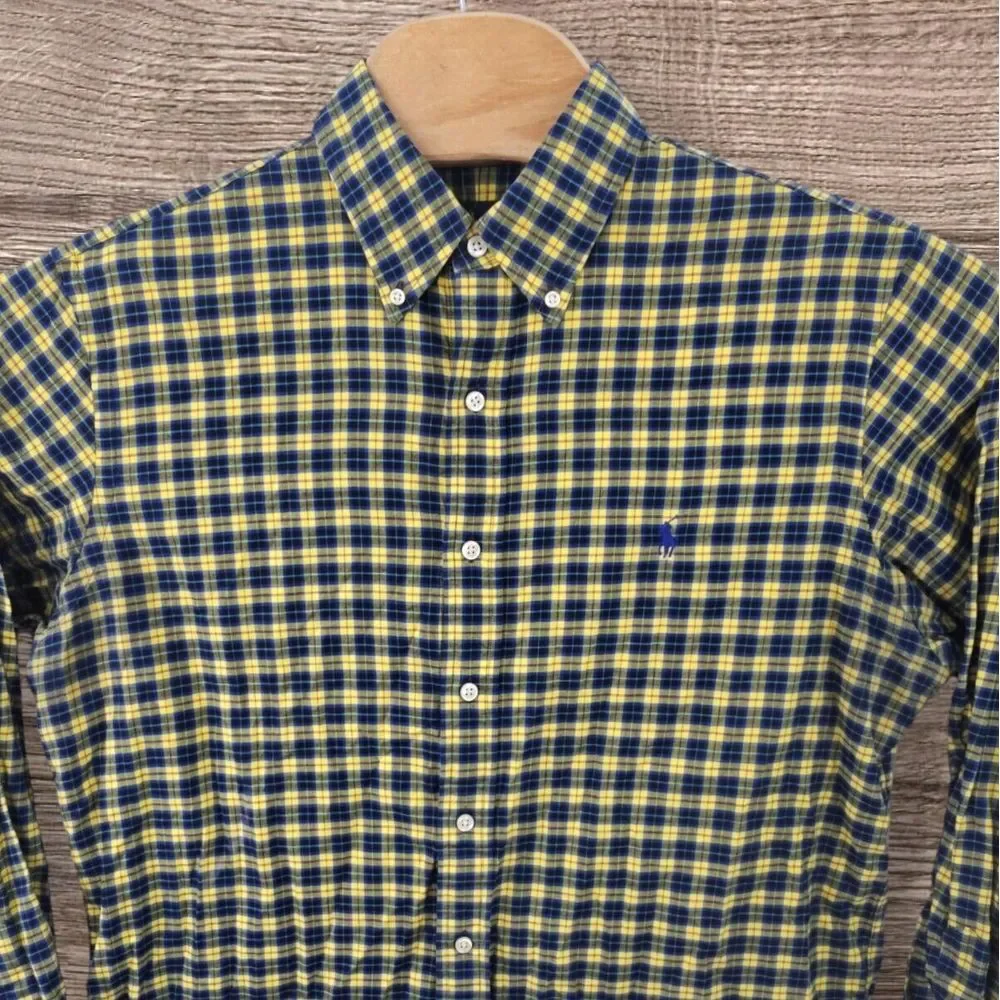 Ralph‎ Lauren Shirt Men's Large Blue Yellow Plaid Cotton Long Sleeve Button-Down